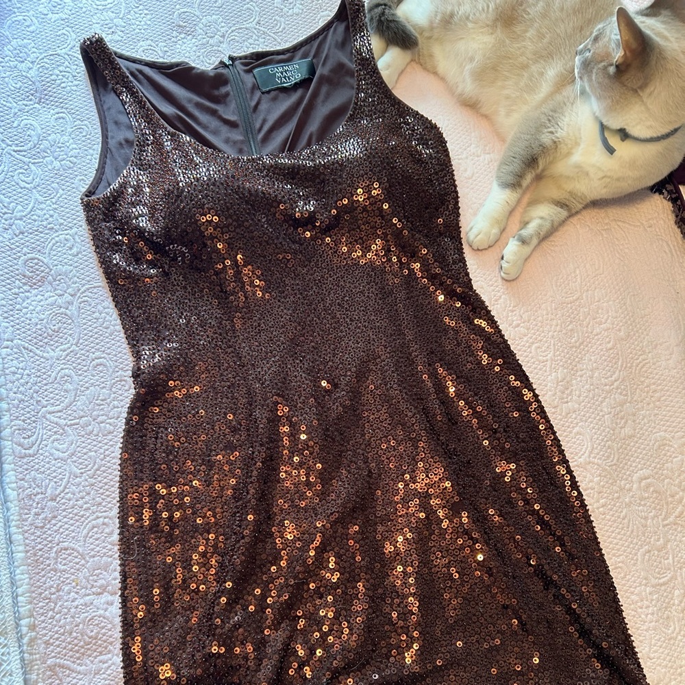 Carmen Marc Valvo brown sequined and beaded sheath sz12.